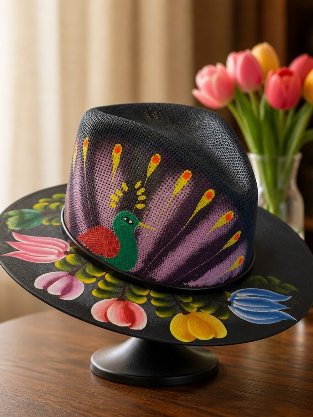 Hand Painted Fedora Hat Floral Art Boho Western Festival Statement Accessory - Picture 7 of 12
